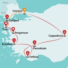 a map showing the route of several different destinations