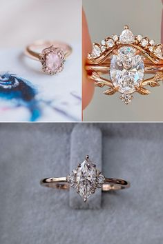 three different types of engagement rings with diamonds on top and bottom, one in yellow gold and the other in white gold