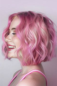 Blonde Pink Hair Color Idea. Mid Length Pink Hair, Pink Hair Bob, Blonde And Pink, Pink Bob, Shorts Hair