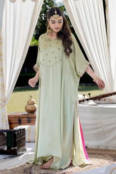 Pista green asymmetric kaftan with sequin and aari embroidery. Paired with a pant. - Aza Fashions Pista Green, Aari Embroidery, Set Women, Pant Set, Green Cotton, Set For Women, Aza Fashion, Three Quarter, Pants Set