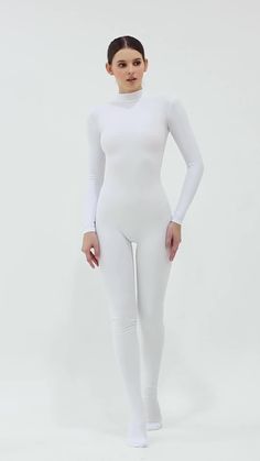 Full bodysuit for women 85% Nylon, 15% Spandex Zipper closure Made of Stretchable soft fabric. Comfortable and breathable. Mock neck, long sleeve, back zipper from neck to waist, one-piece footed full bodysuit. It's a unisex design both for men and women Perfect for dancewear, Halloween costumes, cosplay stages, performances, and more. Kris S (Model in white) Height 5' 8'' Bust 34" Waist 23" Hips 35" White Full Body Suit, Full Body Suit Outfits, Full Bodysuit Outfit, Full Body Swimsuit, Metallic Leotard, Kids Leotards, 80s Workout, Full Bodysuit, Metallic Bodysuit