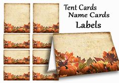 there are four place mats with pumpkins and leaves on them for name cards or labels