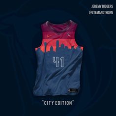 the nike city edition jersey is displayed in front of a dark background with red and blue colors