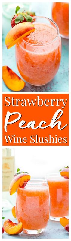 two glasses filled with strawberry peach wine slushies