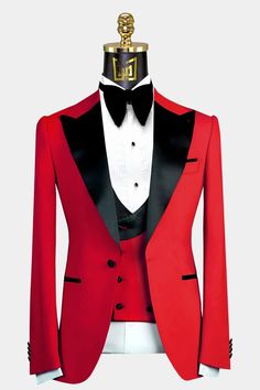 Red Peak Lapel Tuxedo - 3 Piece | Gentleman's Guru Red Tux, Peak Lapel Tuxedo, Red Tuxedo, Dinner Jacket, Wedding 2025, Slim Fit Jackets, Tuxedo Suit, Peak Lapel, Elegant Red