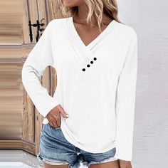 Women's 2024 Spring T-Shirt V-Neck Long Sleeve Solid Pullover T-Shirts 8Colors Casual Long Sleeve V-neck Top In Solid Color, White V-neck Long Sleeve Top For Fall, Casual Long Sleeve Solid Color V-neck Top, Casual White V-neck Top, White V-neck Casual Top, Solid Color V-neck Long Sleeve Top, Casual Solid V-neck Long Sleeve Top, Solid V-neck Long Sleeve Top Casual, White T-shirt For Fall