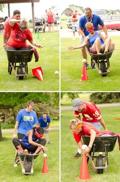 four pictures of people playing with cones in the grass