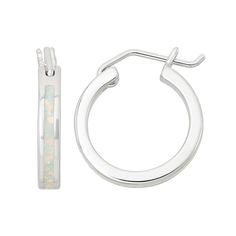 Featuring stunning lab-created opal inlays, these hoop earrings offer illuminating beauty. Comes in a gift box. EARRING DETAILS Diameter: .78 in. Backings: click-it Metal: rhodium-plated sterling silver STONE DETAILS Stone type: lab-created opal Setting: inlay  Size: One Size. Color: White. Gender: female. Age Group: adult. Jewelry Pandora, White Gold Earrings, White Jewelry, Earrings White, Sterling Silver Hoop Earrings, White Earrings, Sterling Silver Hoops, Opal Jewelry, Pandora Jewelry