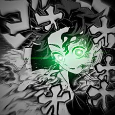 an anime character with green eyes in front of some black and white letters on the wall