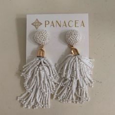 Brand New! Never Worn. White Beaded Drop Gold Colored Hardware Stud With Back Closure Top White Beaded Earrings For Summer, White Round Bead Earrings For Beach, White Beaded Earrings With Round Beads For Party, White Beaded Earrings For Party, White Dangle Beaded Earrings, White Dangle Beaded Earrings For Beach, Adjustable White Earrings For Parties, Adjustable White Party Earrings, White Beaded Earrings With Dangling Beads For Party