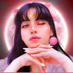 a digital painting of a woman with long black hair and cat ears wearing pink earrings