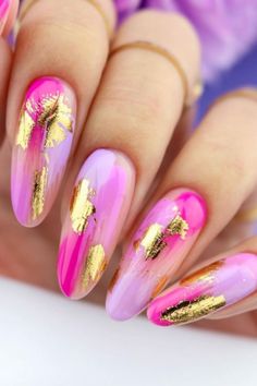 We have 45 great nail designs that are perfect for almond acrylic nails. If you didn't like the shape of your nails before, you will this time. Take a look! Cute Almond Nails Short Pink, Pink Gold Nails Design, Nail Ideas Pink And Black, Neon Almond Shaped Nails, Neon Pink Almond Nails, Almond Nails Neon, Yellow Green Nails, Summer Nails Gold, Yellow Pink Nails