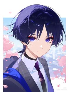 an anime character with dark hair and blue eyes wearing a suit, tie and pink flowers in the background