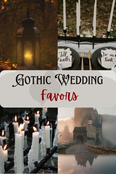 four pictures of gothic weddings from melted candles to gothic style castles and lanterns Gothic Wedding Reception Ideas, Gothic Witch Wedding, Gothic Wedding Signage, Gothic Wedding Diy Decorations, Pagan Wedding Favors, Surprise Wedding Ideas Creative, Gothic Wedding Shower Ideas, Halloween Gothic Wedding, Cheap Gothic Wedding Ideas