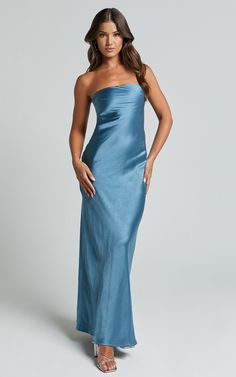 Charlita Maxi Dress - Strapless Cowl Back Satin Dress in Steel Blue | Showpo USA Strapless Fancy Dress, Sixth Form Prom Dresses, Prom Strapless Dress, Light Blue Dress Formal, Satin Blue Dress, Light Blue Formal Dress, Formal Event Dresses, Prom Dresses Open Back, Strapless Satin Dress