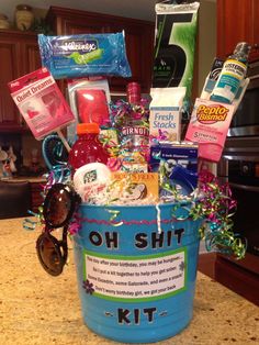 a bucket filled with personal care items on top of a counter