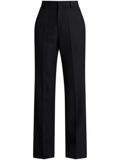 black wool pressed crease belt loops high-waisted straight leg tailored cut concealed front fastening two rear welt pockets Tech Job Outfit Women, Women’s Slacks, Classic Trousers Women, Slim Fit Formal Trousers, Black Tailored Trousers, Black Work Trousers, London Outfits, Black Straight Leg Pants, Business Casual Pants