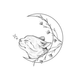 a drawing of a dog sitting on the moon with flowers in it's mouth