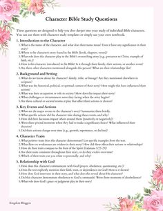 a pink flowered background with the words character bible study questions