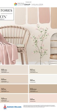 the interior color scheme is shown in shades of pink, beige and white with birdscage