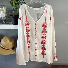 White Sheer Embroidered Shirt With Long Sleeves And V Neck Red Embroidered Top For Spring, Forever 21 Embroidered Tops For Spring, Red Embroidered V-neck Top For Spring, Red V-neck Embroidered Top For Spring, Bohemian Spring Blouse From Forever 21, Casual Embroidered Tops From Forever 21, Forever 21 White Bohemian Top, Forever 21 White Blouse For Spring, Casual White Blouse By Forever 21