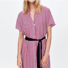 Zara Red Stripe White Shirt Tunic Dress Short Sleeve Button Down Side Slits Casual Light Weight Flowy Material Nwt Casual Red Shirt Dress For Summer, Red Summer Beach Shirt Dress, Red Shirt Dress For Summer Beach, Red Shirt Dress For Beach In Summer, Striped Collared Beach Dress, Collared Striped Beach Dress, Striped V-neck Shirt Dress For Daywear, Chic Red Summer Shirt Dress, Red Collared Shirt Dress For Summer