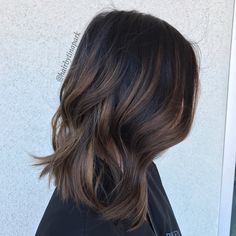 Brown Hair With Black Shadow Root, Medium Front Layered Hair, Ombre Brown Hair Short, Brown Hair Black Streaks, Partial Balayage Asian Hair, Mini Balayage Brunette, Short Hair Balayage Brunette Dark Brown, Short Hair Lowlights, Dark Caramel Balayage