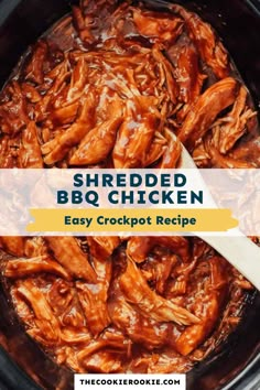 shredded bbq chicken in the crock pot with text overlay