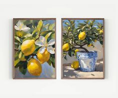 two paintings of lemons hanging on the wall next to each other, one is blue and white