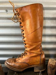 "These wonderful leather boots are from the estate of a gentleman who ran internet cables in Europe during the 1970's.  I believe they are a men's size 9.  The brand is reverse K, K. They have 6 eyeholes on the foot area, 9 hooked eyelets up the calf with 1 eyehole at the top.  They have reinforced leather at the heal and the uppers are reinforced as well.  Leather soles and rubber heels finish out the boots. The heels are worn so the boots would need re-heeled.  The leather is soft and supple.  See the photos for wear and condition. They are approximately 10 3/4\" heel to toe, 4\" wide and a 15 3/8\" overall height." Buff Guys, 1970s Jewelry, Boys Boots, Shoe Inspo, Tall Boots, Rubber Heels, Material Girls, Work Boots, Shoe Game