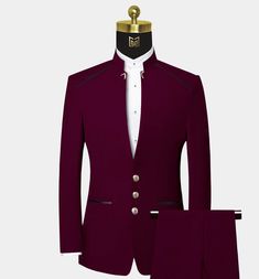 Burgundy Mandarin Collar Suit | Gentleman's Guru Burgundy Groom Suit And Groomsmen, Burgandy Suit Groom, Mandarin Collar Suit, Tuxedo Groomsmen, Guys Prom, Grooms Suits, Prom Outfits For Guys, Prom Attire, Suit Prom