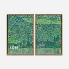 two framed paintings depicting green countrysides and houses on the water with trees in the background