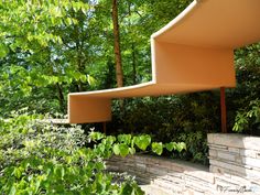 a curved bench sitting in the middle of a forest next to some bushes and trees