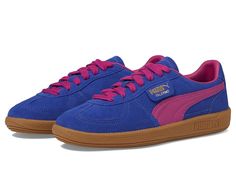 PUMA Palermo - Women's Lace up casual Shoes : Lapis Lazuli/Magenta Gleam/Gum : Elevate your casual style in the PUMA Palermo sneakers. These sneakers feature a classic lace-up closure in a round toe silhouette, color-block detailing, padded collar, and leather upper. Leather lining. Cushioned rubber insole. Formstrip on upper. Branding on upper and heel. Rubber outsole. Imported. Measurements: Weight: 12 oz Product measurements were taken using size 9, width B - Medium. Please note that measurements may vary by size. Puma Palermo, Puma Women, Grey Women, Fashion Sneakers, Women Lace, Palermo, Product Reviews, Lapis Lazuli, Sneakers Fashion