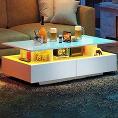 42019681533994 Conference Table Chairs, Led Coffee Table, Tables For Living Room, Open Display Shelf, Sliding Drawers, Black Lounge, Living Room Organization, Rgb Led Lights, Table With Storage