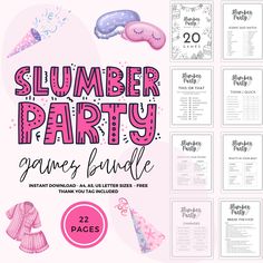 the summer party game bundle is shown with pink and purple items