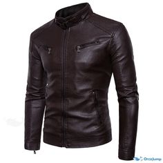 OrcaJump - Faux Leather Motorcycle Jacket with Stand-up Collar and Button Closure Solid Leather Jacket With Snap Buttons For Fall, Solid Faux Leather Outerwear With Button Closure, Casual Leather Jacket With Buttons For Winter, Casual Winter Leather Jacket With Buttons, Winter Faux Leather Outerwear With Button Closure, Casual Leather Jacket With Snap Buttons For Winter, Casual Winter Biker Jacket With Button Closure, Brown Faux Leather Outerwear With Button Closure, Classic Faux Leather Outerwear For Winter