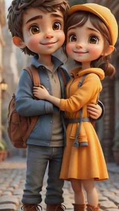 a boy and girl standing next to each other on a cobblestone street with their arms around each other