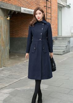 "★★ FEATURES 50% wool, 50% other fiber, nylon Polyester lining Single breasted Two pockets Long sleeve Fit and flare coat Perfect for autumn, winter Dry clean ★★ The model's height approx 170cm (5′ 7″) with the 84cm (33\") bust, 66cm (26\") waist. She is wearing the navy blue wool coat in size XS. ★★ Custom order selection, Will charge 20USD-70USD custom fees Request Chang the Length Request Chang the sleeve length Can't find your size Your height is not between 155cm- 175cm Your weight is not b Blue Wool Coat With Pockets For Work, Blue Double-breasted Wool Outerwear, Blue Wool Peacoat For Winter, Double-breasted Peacoat For Office In Winter, Double-breasted Winter Office Peacoat, Winter Office Peacoat With Buttons, Blue Fitted Pea Coat For Office, Fitted Blue Pea Coat For Office, Winter Office Peacoat With Pockets