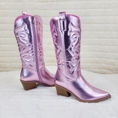 Stunning New Metallic Cowgirl Boots Embroidered Design Western Cut Heels Woman's Us Sizes Summer Purple Round Toe Boots, Cute Pink Boots For Fall, Pink Western Style Closed Toe Boots, Metallic Cowgirl Boots, Metallic Cowgirl, Purple Cowboy Boots, Short Cowgirl Boots, Disco Cowboy, Pink Cowboy