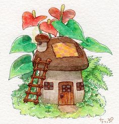 a drawing of a house with flowers on the outside and a ladder leading up to it