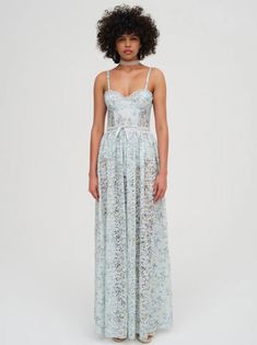 Cecelia Lace Maxi Dress — Blue | For Love & Lemons Spring Lace Bodice Fitted Dress, Spring Fitted Lace Bodice Dresses, Spring Dresses With Lace And Fitted Bodice, Lace Dress With Boned Bodice For Garden Party, Garden Party Lace Dress With Boned Bodice, Spring Empire Waist Dress With Boned Bodice, Lace Dress With Lined Bodice For Spring, Summer Prom Lace Dress With Fitted Bodice, Spring Lace Corset Dress With Boned Bodice