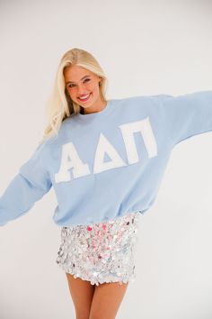 ALPHA DELTA PI BLUE PULLOVER PULLOVER Judith March Sorority Block Letters Shirts, Sorority Letters Sweatshirt, Adpi Graphics, Adpi Shirts, Adpi Merch, Sorority Photoshoot, Phi Alpha Delta, Alpha Delta Pi Sorority, Sorority Shirt Designs