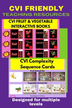 a poster with the words cvi friendly and an image of fruit and vegetable books