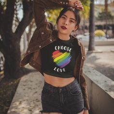 Choose Love Cropped Tee | Rainbow Pride Crop Top - On Trend Shirts – On Trend Shirts Lgbtq Outfit, Genderfluid Fashion, Ally Shirt, Heart Crop Top, Proud Ally, Pride Ally, Lesbian Shirt, Lgbtq Clothing, Lesbian Shirts