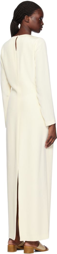 Silk crepe dress. · Crewneck · Button fastening at back · Central vent at back hem · Full satin lining Supplier color: Offwhite White Silk Crepe Formal Dress, Elegant White Silk Crepe Dress, Formal White Silk Crepe Dress, Silk Crepe Dress, Silk Maxi Dress, Crepe Dress, Silk Crepe, Silk Dress, The Dress