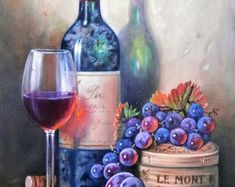 a painting of wine and grapes on a table