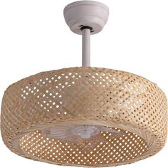 a light that is hanging from a ceiling fixture with woven material on the top and bottom