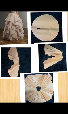 several pictures of different types of clothing and accessories on the floor, including paper umbrellas