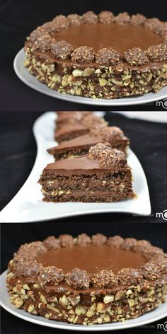 three different views of a chocolate cake with nuts on top